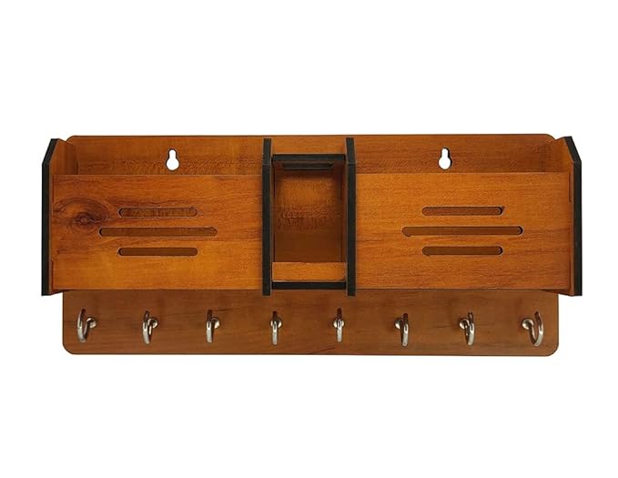 Premium Wooden Wall Organizer – Keychain & Mobile Holder with Hooks