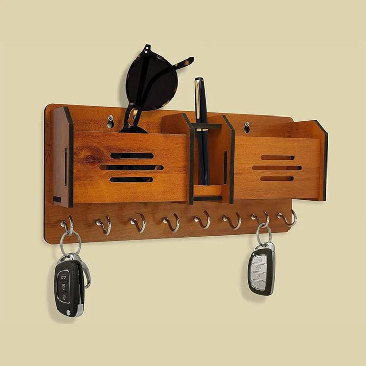 Premium Wooden Wall Organizer – Keychain & Mobile Holder with Hooks