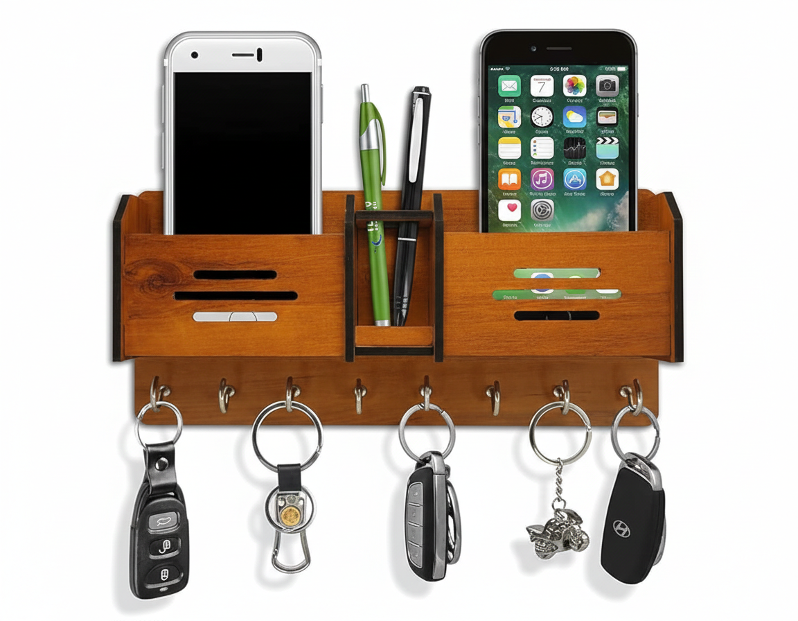 Premium Wooden Wall Organizer – Keychain & Mobile Holder with Hooks