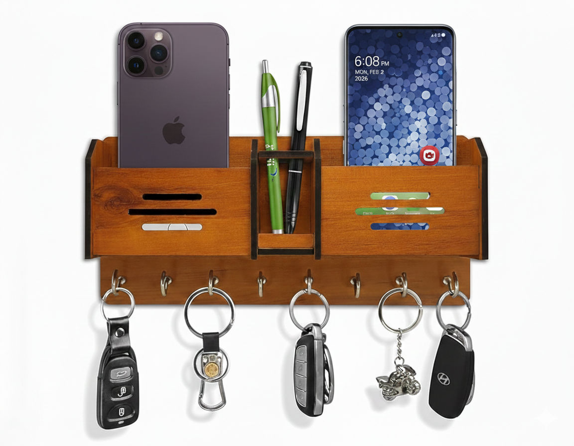 Premium Wooden Wall Organizer – Keychain & Mobile Holder with Hooks