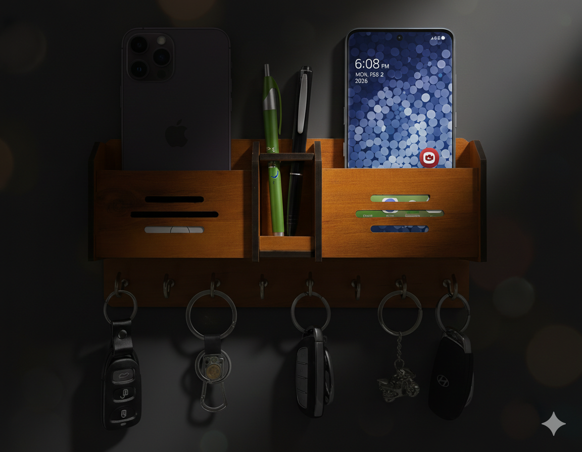 Premium Wooden Wall Organizer – Keychain & Mobile Holder with Hooks