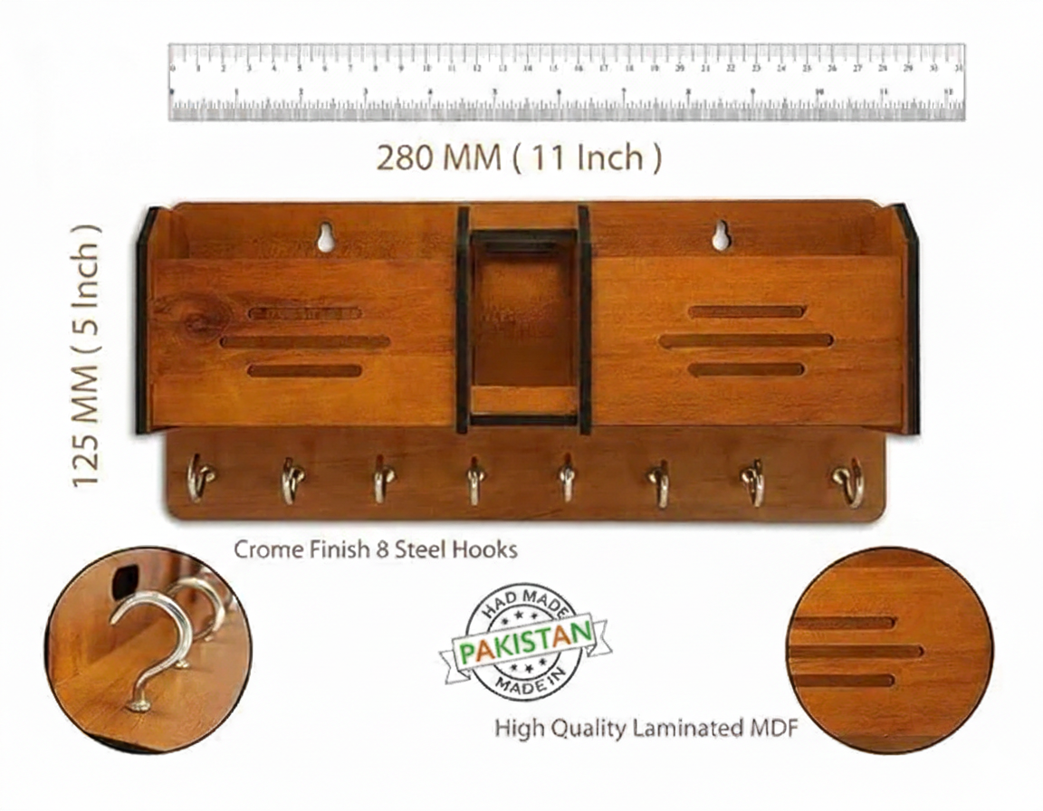 Premium Wooden Wall Organizer – Keychain & Mobile Holder with Hooks